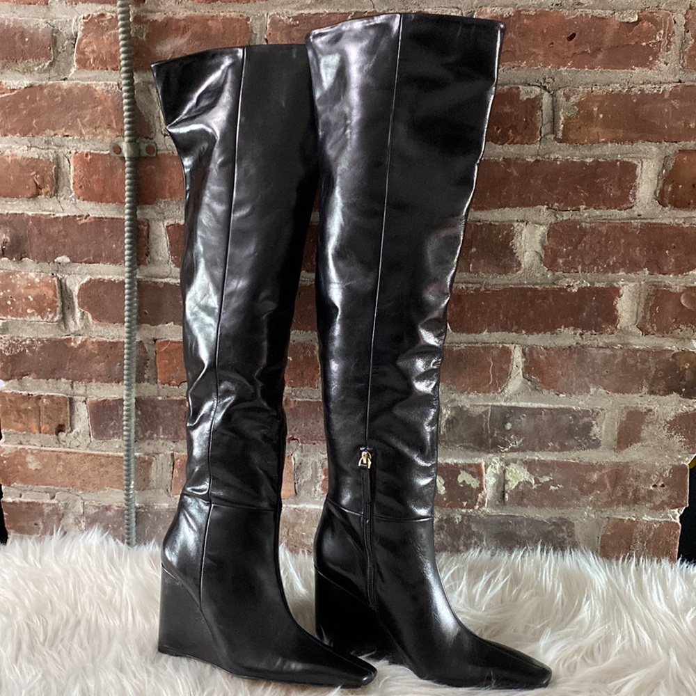 NWT Zara Leather Over The Knee Wedge Heel Boots, Size 7.5 - Picture 8 of 17